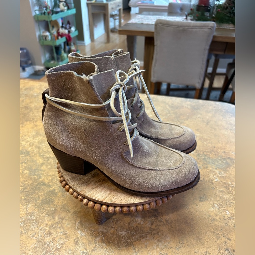 Rag & Bine Tan Piper Suede Lace Up Wood Stacked Ankle Boots